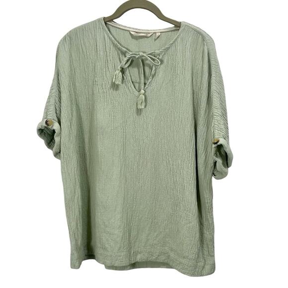 Soft Surroundings Women’s Large Boho Tunic Blouse Sage Green Tassle Short Sleeve - Picture 1 of 10